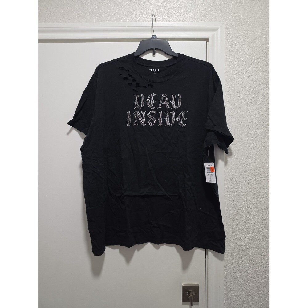 NWT Torrid Black "Dead Inside" Rhinestone Distressed T-Shirt Sz 0 Oversized